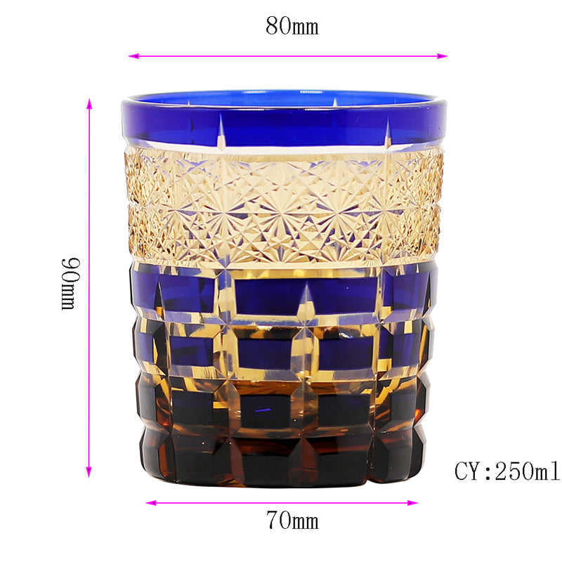 Plaid Blue Glass Whiskey Tumbler 9oz