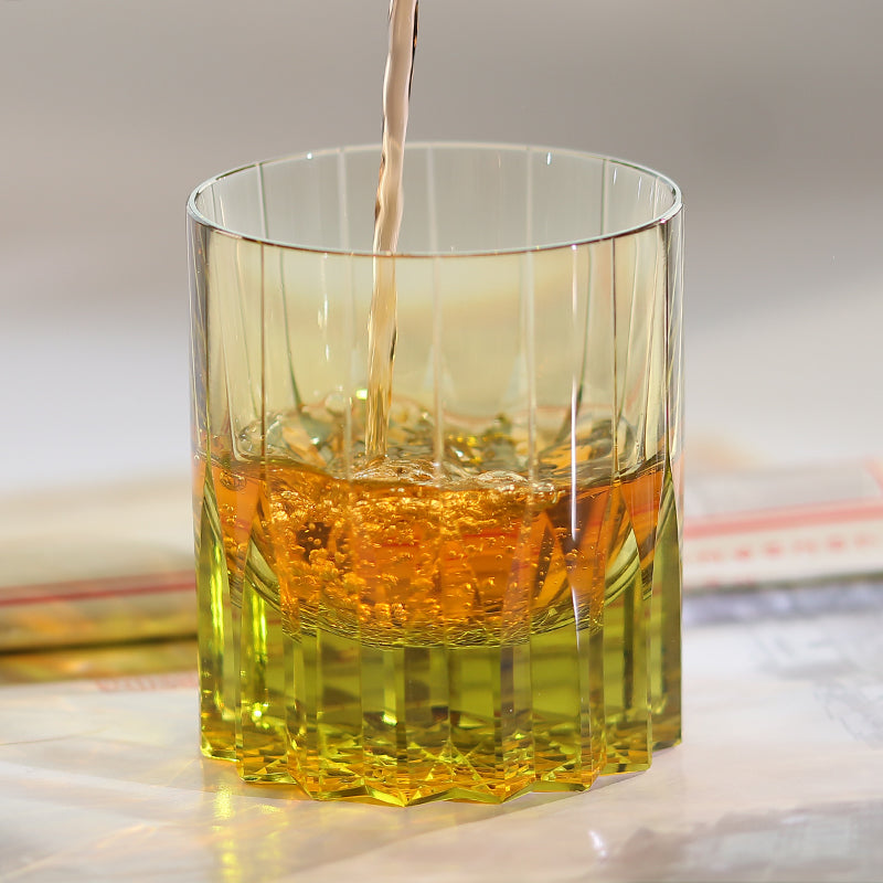 JP-091  Handcrafts Edo Kiriko‘s Olive Green K9 Crystal Whiskey Glass Engraved Orgue Bevel Patterns In Gift Box