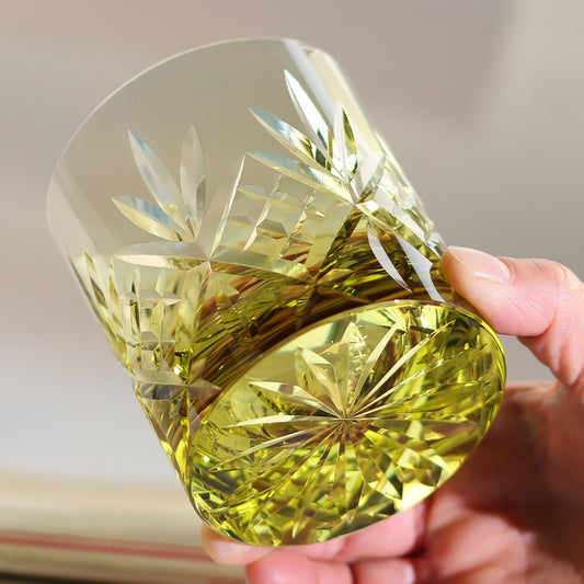 JP-128 Handcrafts Olive Green K9 Crystal Glass Whiskey Tumbler Edo Kiriko's Bamboo Leaves Design In Gift Box