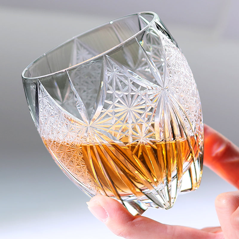 JP-101 350ml Handcrafts Edo Kiriko's Hand Cut To Clear Grey Round Whisky Glass With Gift Box