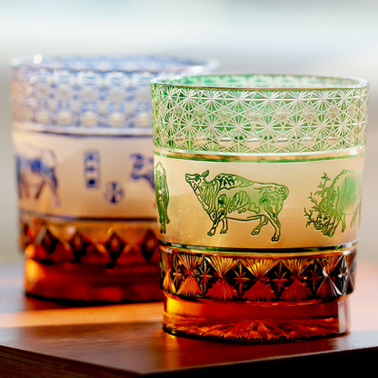 JP-023  240ml  Handcrafts Green Whiskey Glass With Edo Kiriko Chinese Painting Five Cows
