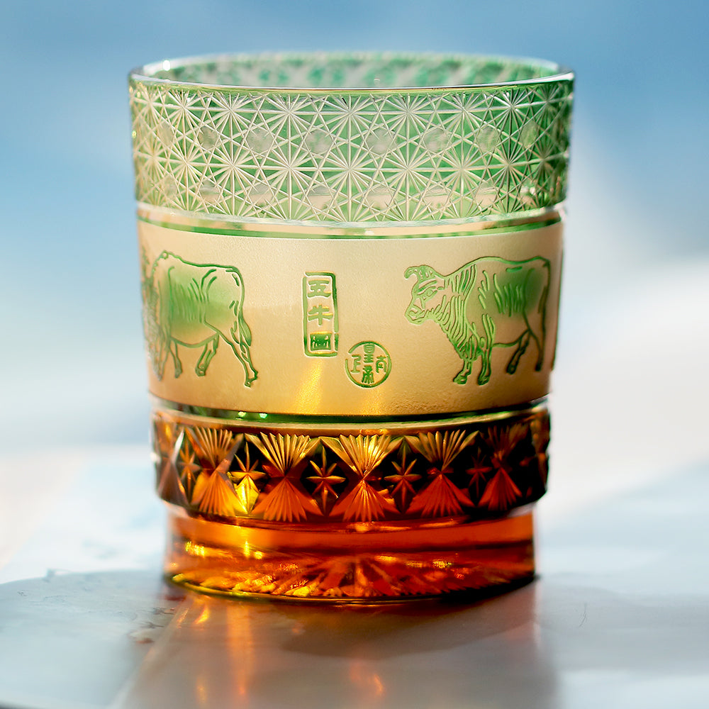 JP-023  240ml  Handcrafts Green Whiskey Glass With Edo Kiriko Chinese Painting Five Cows
