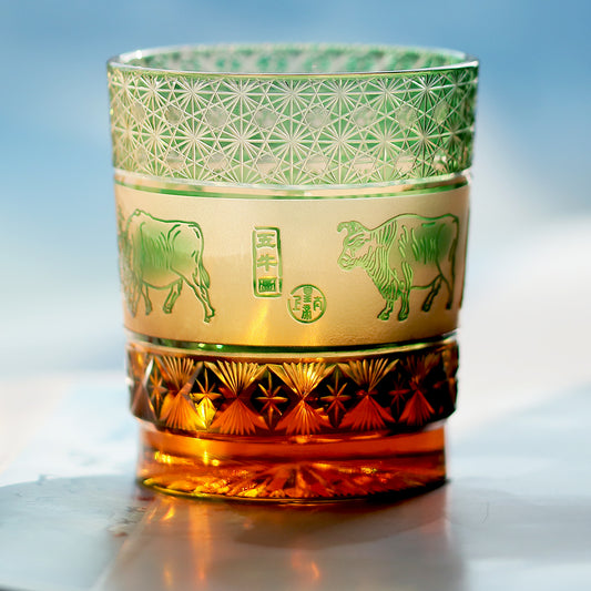 JP-023  240ml  Handcrafts Green Whiskey Glass With Edo Kiriko Chinese Painting Five Cows