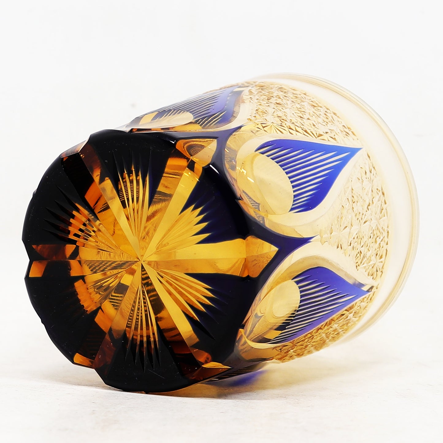 JP-020  8.5 oz  Blue and Amber Tinted Glass Whiskey Tumbler With Hand Engraved candle flame Design