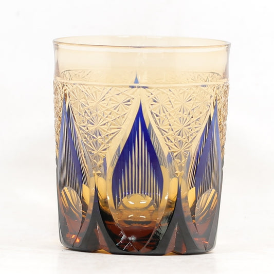 JP-020  8.5 oz  Blue and Amber Tinted Glass Whiskey Tumbler With Hand Engraved candle flame Design
