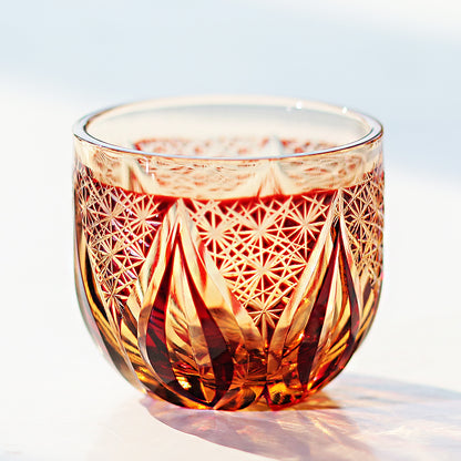 JP-020  60 ML  Handcrafts Edo Kiriko's Red Amber Chilled Sake Glass Cup Small Drinking Glass Hand Carved Candle Flame Design