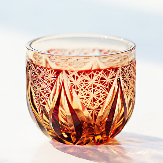 JP-020  60 ML  Handcrafts Edo Kiriko's Red Amber Chilled Sake Glass Cup Small Drinking Glass Hand Carved Candle Flame Design