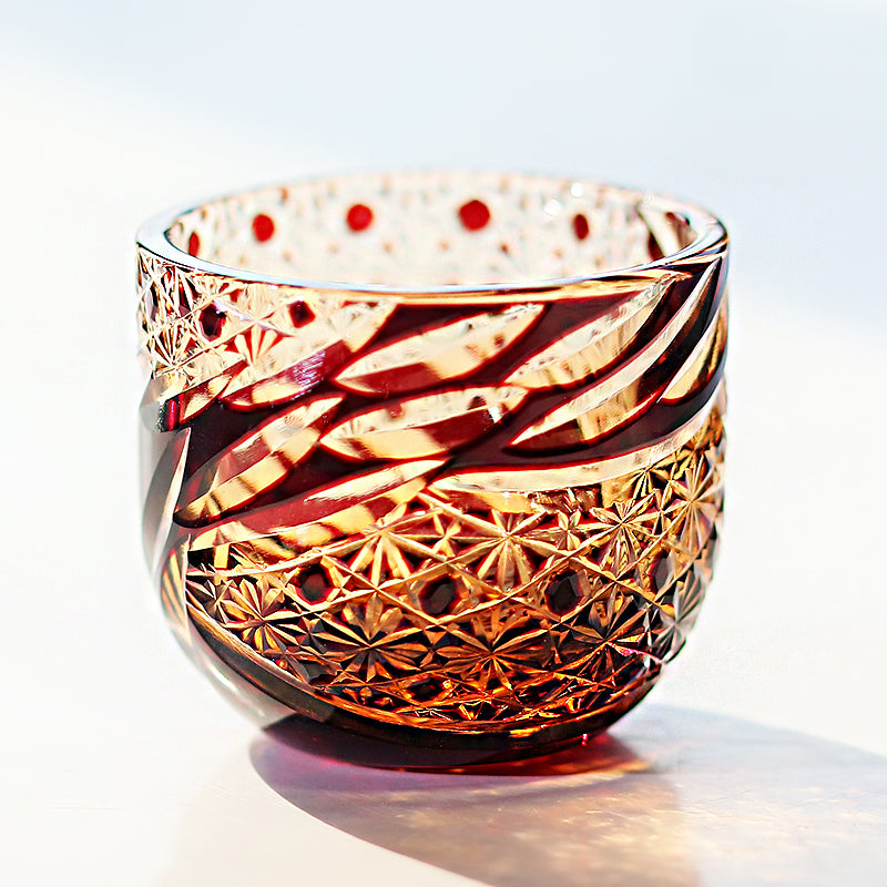 JP-031  60 ML Amber Red Japanese Style Cold Sake Glass Cup Edo Kiriko's Handcrafts Small Drinking Vessel