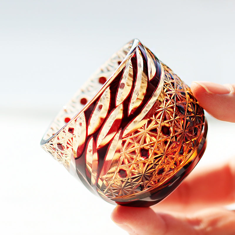 JP-031  60 ML Amber Red Japanese Style Cold Sake Glass Cup Edo Kiriko's Handcrafts Small Drinking Vessel