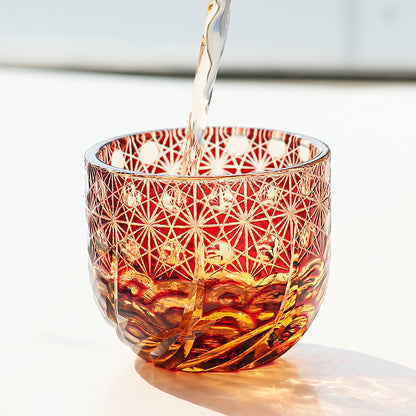 JP-040 60 ML Luxury Edo Kiriko Red Amber Sake Glass Cup,Chilled Sake Glass Hand Cut Beaded Dazzling and Roaring Waves Design