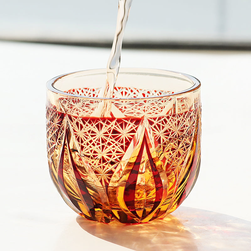 JP-020  60 ML  Handcrafts Edo Kiriko's Red Amber Chilled Sake Glass Cup Small Drinking Glass Hand Carved Candle Flame Design