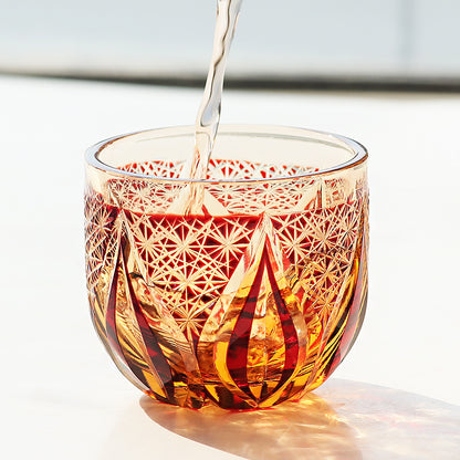 JP-020  60 ML  Handcrafts Edo Kiriko's Red Amber Chilled Sake Glass Cup Small Drinking Glass Hand Carved Candle Flame Design