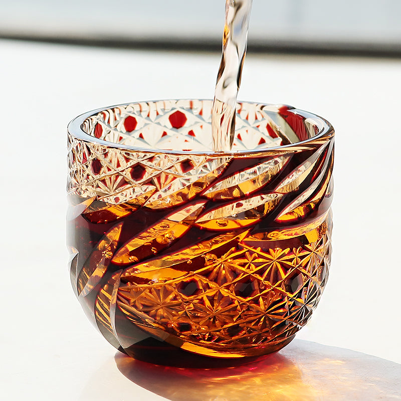 JP-031  60 ML Amber Red Japanese Style Cold Sake Glass Cup Edo Kiriko's Handcrafts Small Drinking Vessel