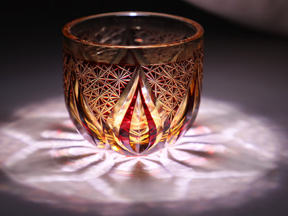 JP-020  60 ML  Handcrafts Edo Kiriko's Red Amber Chilled Sake Glass Cup Small Drinking Glass Hand Carved Candle Flame Design