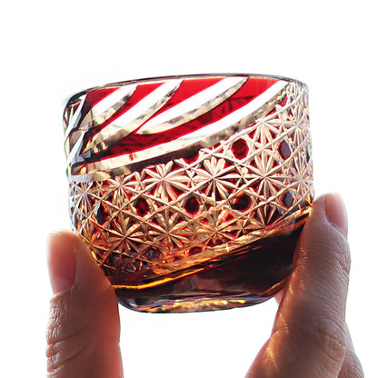 JP-031  60 ML Amber Red Japanese Style Cold Sake Glass Cup Edo Kiriko's Handcrafts Small Drinking Vessel