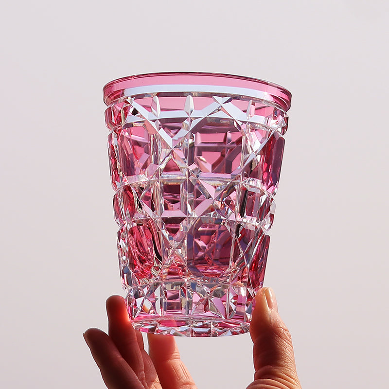 JP-045  New 260 ml Handcrafts Gold Pink Water Glass Edo Kiriko's Rattan Design Cocktail Whiskey Glass Tumbler