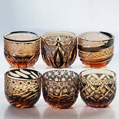 QJ-04 Hand Cut Amber Black Japanese Style Sake Glasses Shot Glass 60ml for Sake ,Soju,whiskey, vodka, tequila