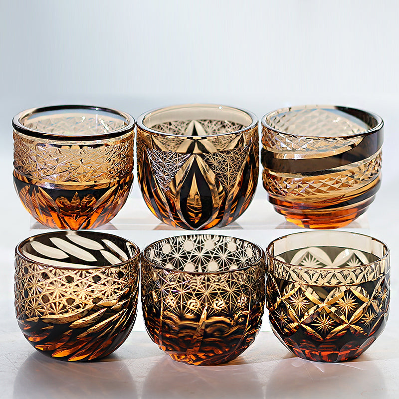 JP-040 60 ML Handcrafts Japanese Style Black Amber Sake Glass Cup Hand Engraved Chilled Sake Glasses