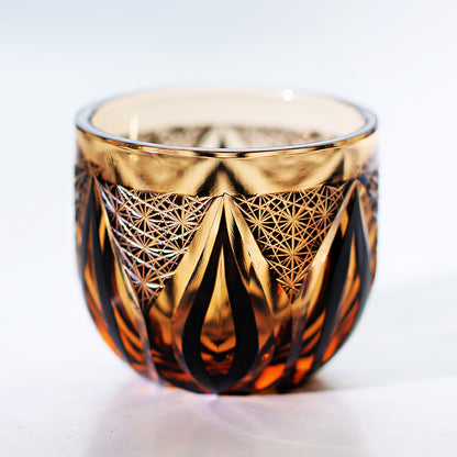 JP-020  60 ML Handmade Japanese Style Edo Kiriko's Black Amber Chilled Sake Glass Cup Hand Cutting Candle Flame Design