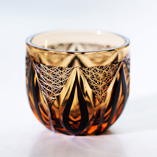 JP-020  60 ML Handmade Japanese Style Edo Kiriko's Black Amber Chilled Sake Glass Cup Hand Cutting Candle Flame Design