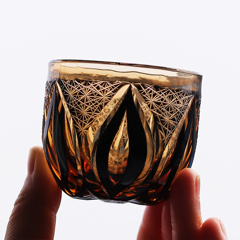 JP-020  60 ML Handmade Japanese Style Edo Kiriko's Black Amber Chilled Sake Glass Cup Hand Cutting Candle Flame Design