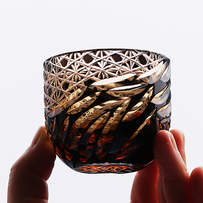 JP-031  60 ML Handcrafts Amber Black Cold Sake Glass Cup Edo Kiriko's Small Drinking Vessel