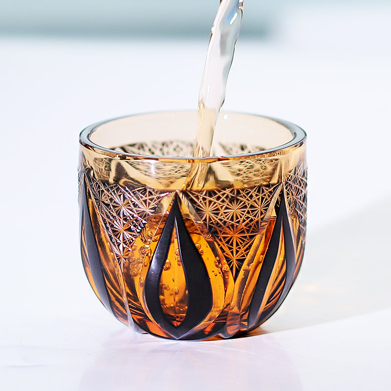 JP-020  60 ML Handmade Japanese Style Edo Kiriko's Black Amber Chilled Sake Glass Cup Hand Cutting Candle Flame Design