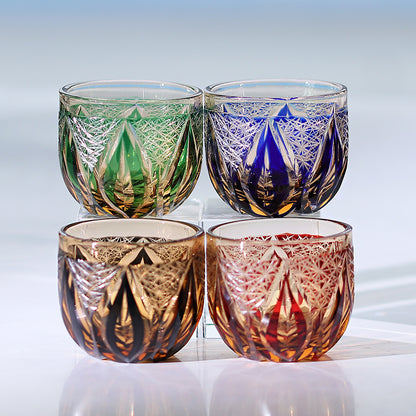JP-020  60 ML Handmade Japanese Style Edo Kiriko's Black Amber Chilled Sake Glass Cup Hand Cutting Candle Flame Design