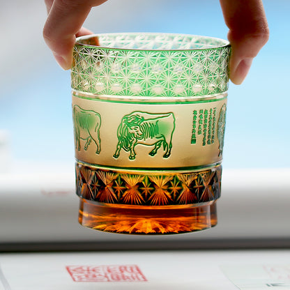 JP-023  240ml  Handcrafts Green Whiskey Glass With Edo Kiriko Chinese Painting Five Cows