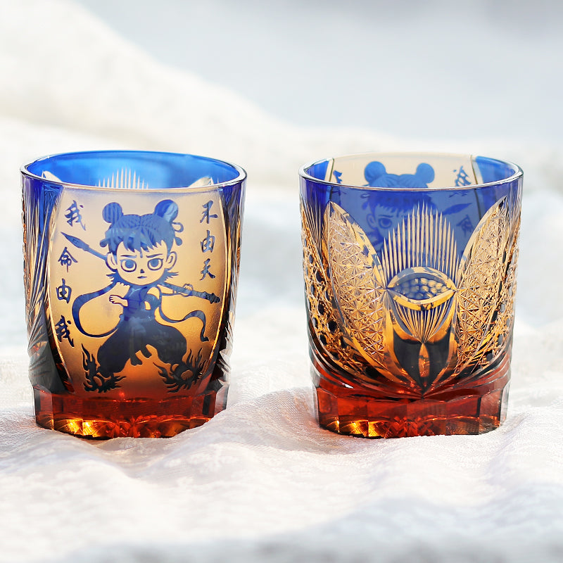 JP-024 Edo Kiriko's Handcrafts Chinese NeZha Whiskey Glass Blue and Amber In Gift Box