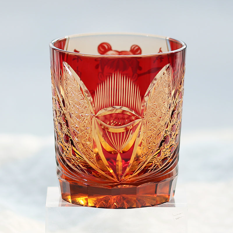 JP-024 Edo Kiriko's Handcrafts Chinese NeZha Whiskey Glass Red and Amber In Gift Box