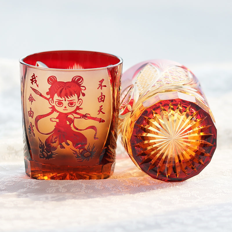 JP-024 Edo Kiriko's Handcrafts Chinese NeZha Whiskey Glass Red and Amber In Gift Box
