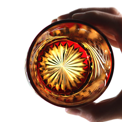 JP-024 Edo Kiriko's Handcrafts Chinese NeZha Whiskey Glass Red and Amber In Gift Box