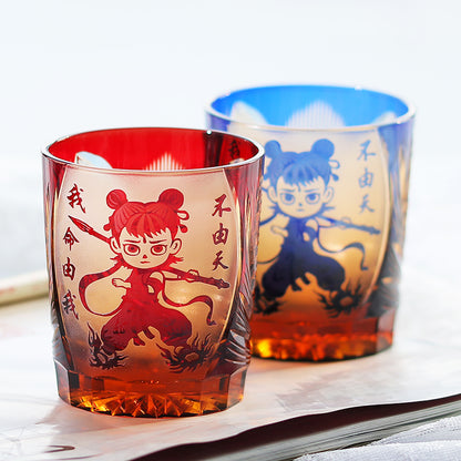JP-024 Edo Kiriko's Handcrafts Chinese NeZha Whiskey Glass Red and Amber In Gift Box