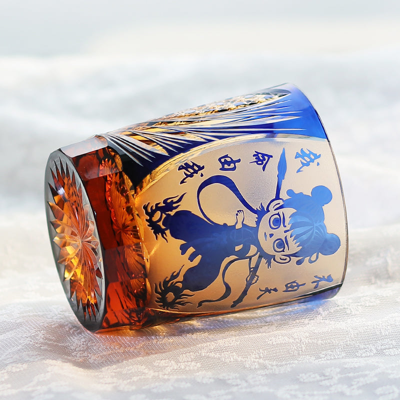 JP-024 Edo Kiriko's Handcrafts Chinese NeZha Whiskey Glass Blue and Amber In Gift Box