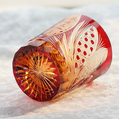 JP-024 Edo Kiriko's Handcrafts Chinese NeZha Whiskey Glass Red and Amber In Gift Box