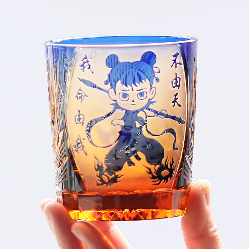 JP-024 Edo Kiriko's Handcrafts Chinese NeZha Whiskey Glass Blue and Amber In Gift Box