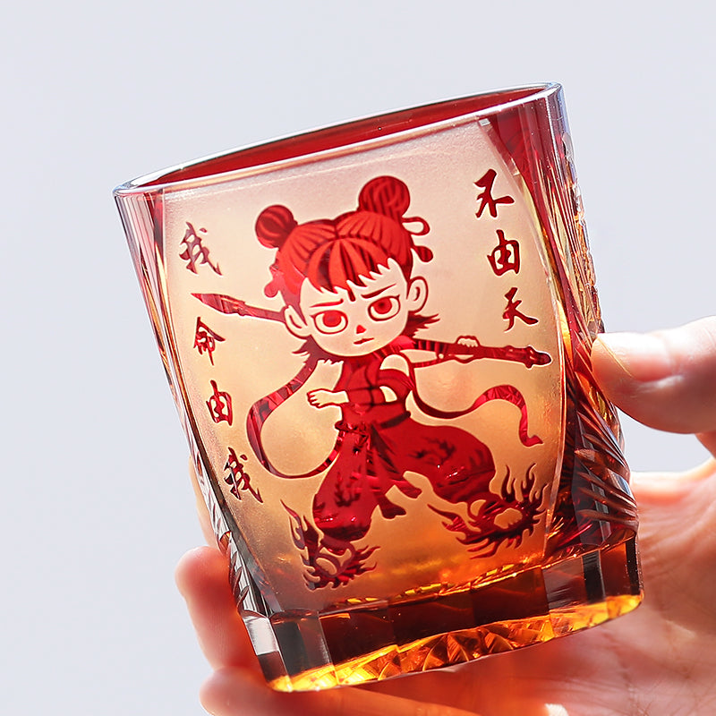 JP-024 Edo Kiriko's Handcrafts Chinese NeZha Whiskey Glass Red and Amber In Gift Box
