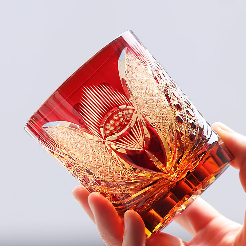 JP-024 Edo Kiriko's Handcrafts Chinese NeZha Whiskey Glass Red and Amber In Gift Box