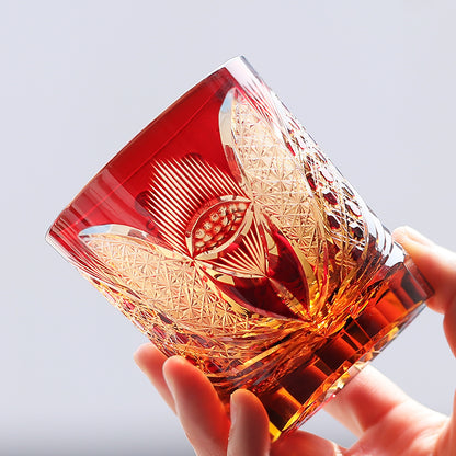 JP-024 Edo Kiriko's Handcrafts Chinese NeZha Whiskey Glass Red and Amber In Gift Box