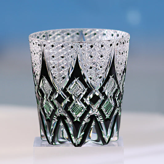 JP-144  Handcrafts Edo Kiriko Whiskey Cocktail Glasses Black Green Clear Colored Old Fashioned Glass With Gift Box