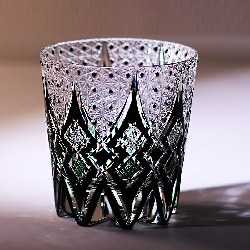 JP-144  Handcrafts Edo Kiriko Whiskey Cocktail Glasses Black Green Clear Colored Old Fashioned Glass With Gift Box