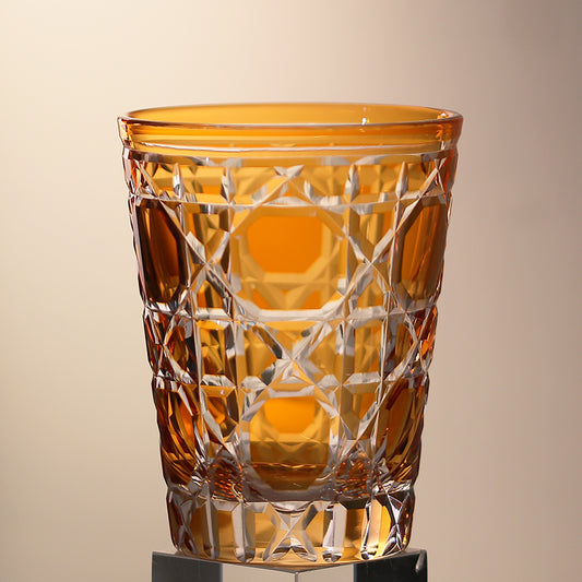 JP-045 Hand Cut To Clear and Amber Color overlaid Glass Highball Glass Tumblers---Hand engraved big diamond Patterns