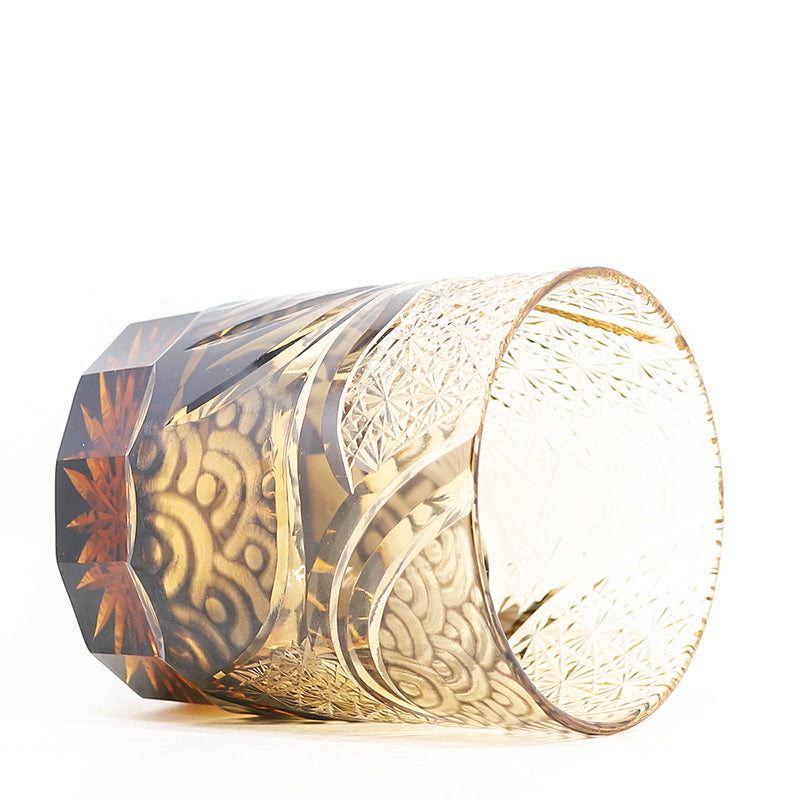 JP-041 250 ml Hand blown Black and Amber Color Tinted Glass Whiskey Tumbler With Hand Engraved Moon and Waves Design