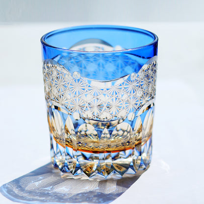 JP-049-2 New 3kinds color Transparent Blue and Amber Cased Glass Whiskey Tumblers with Hand Carved Mountain and Lotus Design