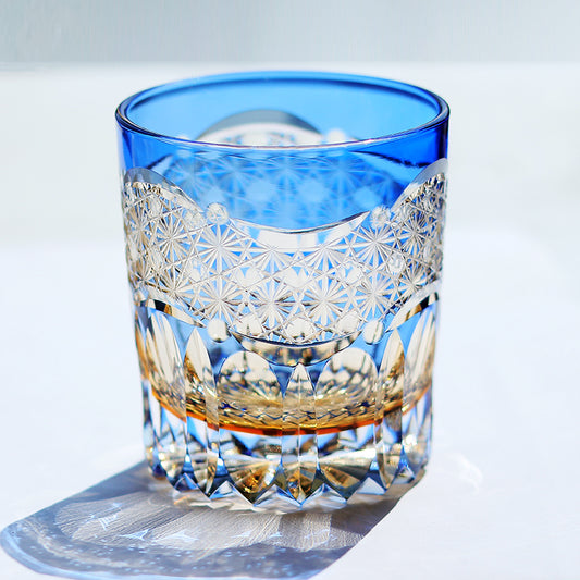 JP-049-2 New 3kinds color Transparent Blue and Amber Cased Glass Whiskey Tumblers with Hand Carved Mountain and Lotus Design
