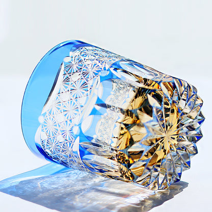 JP-049-2 New 3kinds color Transparent Blue and Amber Cased Glass Whiskey Tumblers with Hand Carved Mountain and Lotus Design