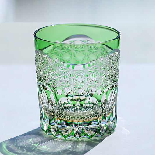 JP-049-2 240ml New 3kinds color Transparent Green and Amber Cased Crystal Glass Whiskey Tumblers with Hand Carved Chrysanthemum Mesh and globular cuts Design