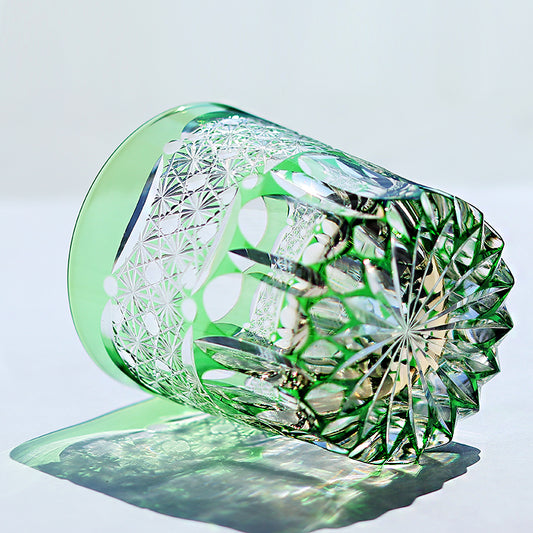 JP-049-2 240ml New 3kinds color Transparent Green and Amber Cased Crystal Glass Whiskey Tumblers with Hand Carved Chrysanthemum Mesh and globular cuts Design