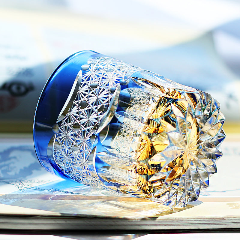 JP-049-2 New 3kinds color Transparent Blue and Amber Cased Glass Whiskey Tumblers with Hand Carved Mountain and Lotus Design